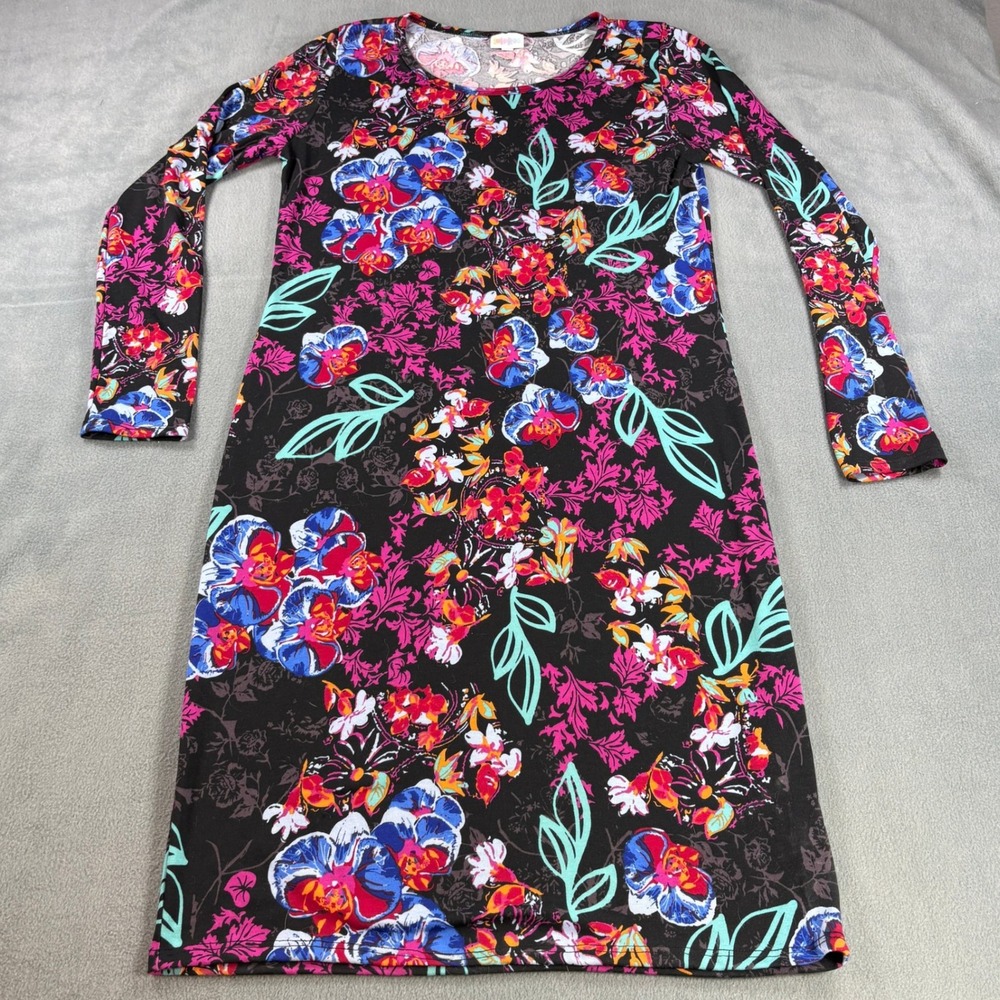 LuLaRoe Julia‎ Dress Large Black Floral Long Sleeve Crew Neck Stretch Jersey L